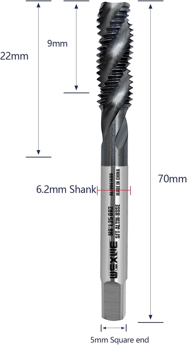 Tools M8 x 1.25 AlTiN Coating Spiral Flute Thread Tap, Metric Machine Threading Tap High Speed Steel Cobalt(HSSCo), Round Shank with Square End, H2 Tolerance, 2pcs